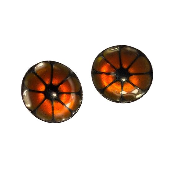 Vintage screwback earrings enamel finish on silvertone unique Boho orange black - Picture 1 of 6